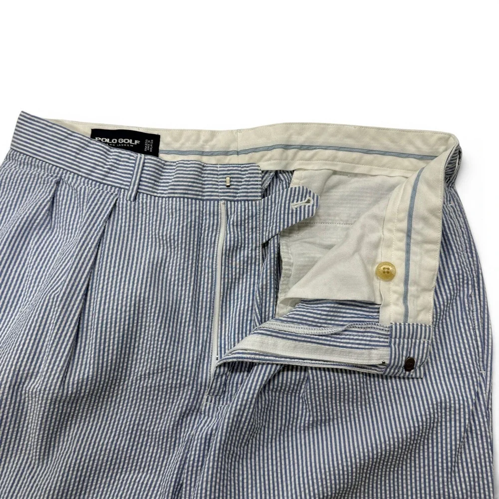 Polo Golf Ralph Lauren Mens 36 x 30 Blue White Seersucker Pleated Cuffed Pants